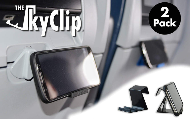 [Australia - AusPower] - The SkyClip - (Black, 2 Pack) Airplane Cell Phone Seat Back Tray Table Clip and Sturdy Phone Stand, Compatible with iPhone, Android, Tablets, and Readers Black 