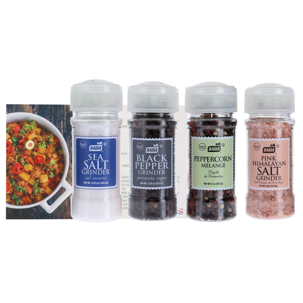 [Australia - AusPower] - Badia Black Pepper, Sea Salt, Peppercorn Melange, and Pink Himalayan Salt Grinder Bundle (Set of 4) 