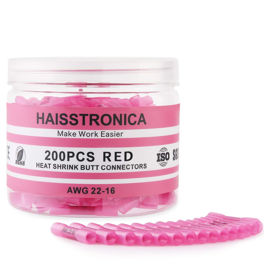 [Australia - AusPower] - haisstronica 200PCS 22-16 Awg Red Heat Shrink Butt Connectors-Tinned Red Copper 0.7mm-Marine Grade Insulated Crimp Wire Connectors-Waterproof Electrical Connectors-Butt Splice for Marine,Boat,Stereo 