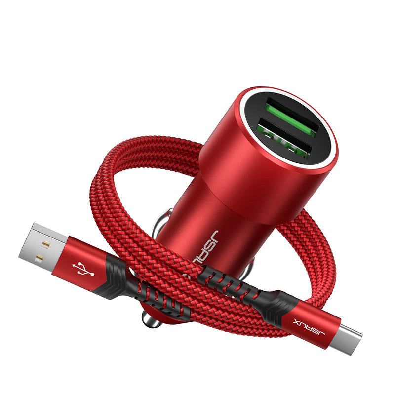 [Australia - AusPower] - Car Charger 36W Fast Charging, JSAUX All Metal Dual USB QC 3.0 Cigarette Lighter Adapter with USB-C Cable[3.3ft] Compatible with Samsung Galaxy S10/S9/S8 Plus, Note 9/8, iPhone 7/8 Plus/X/XR/XS-Red Red 