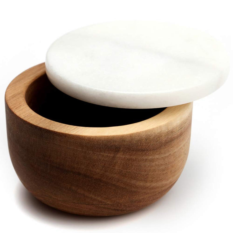 [Australia - AusPower] - jalz jalz Large Wood Salt Box with Spoon Spice Seasonings Keeper Solid Natural Acacia Base White Marble Lid Elegant Design Decorative Boxes Big Capacity White Cover 