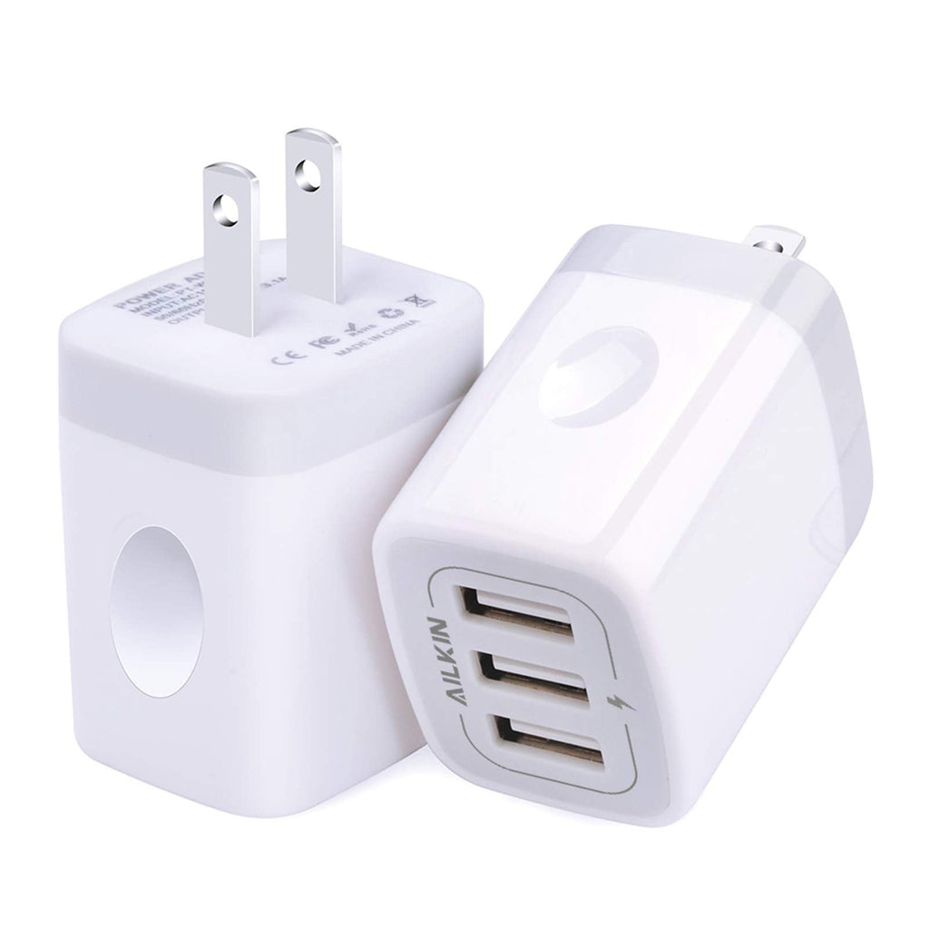 [Australia - AusPower] - USB Wall Charger(2Pack), AILKIN 3.1A/3-Port Quick Charging Power Adapter, USB Plug Cube Box Block Base for iPhone 13 Pro Max/12/11/10/X/XR/XS/8/7, iPad, Samsung Galaxy, LG, Google Pixel Charging Brick White 