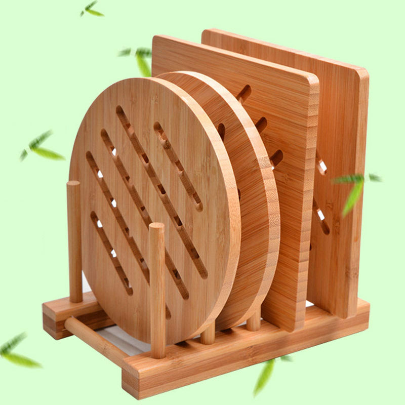 [Australia - AusPower] - Bamboo Trivet Kitchen Bamboo Hot Pads Trivet Natural Bamboo Trivet Mat Set for Hot Dishes/Pot/Bowl/Teapot/Hot Pot Holders 2 square 2 roundness 1 storage rack 