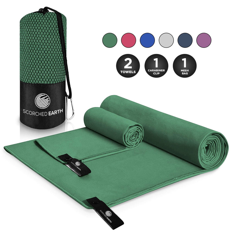 [Australia - AusPower] - ScorchedEarth Microfiber Travel & Sports Towel Set - Quick Dry, Super Absorbent, Compact, Lightweight - for Camping, Backpacking, Hiking, Beach, Yoga, Swimming - Includes 2 Sizes + Carrying Bag & Clip Evergreen Medium Set (20x40” & 12x24”) 