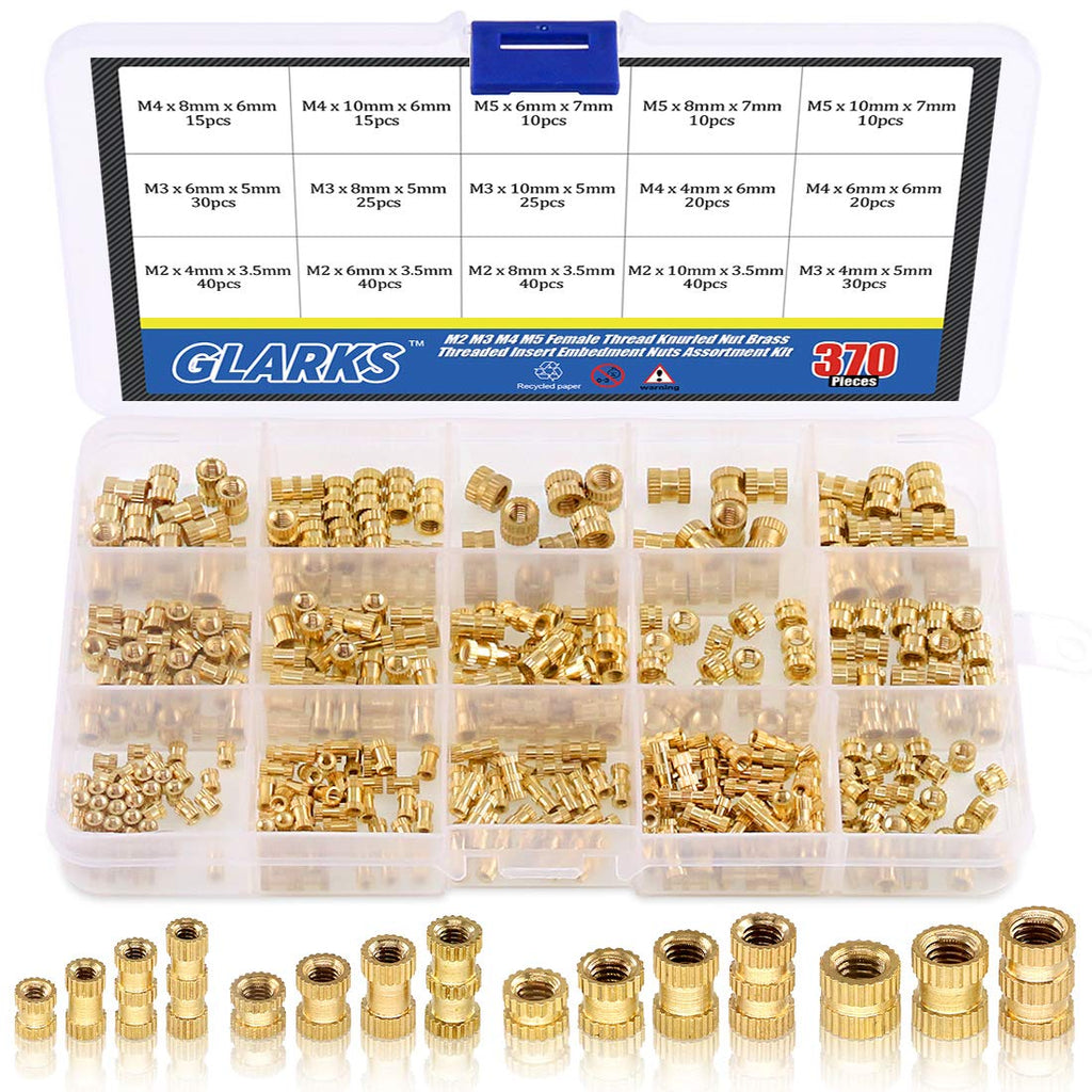 [Australia - AusPower] - Glarks 370Pcs M2 M3 M4 M5 Female Thread Knurled Brass Threaded Insert Embedment Nut Assortment Kit for 3D Printing 