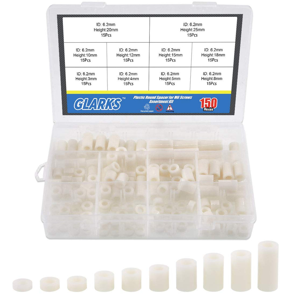 [Australia - AusPower] - Glaks 150Pcs 10 Sizes ABS Plastic Round Spacer Assortment Kit, OD 11mm ID 6.2mm for M6 Screws, Round Straight Tube, Plastic Standoff (3mm, 4mm, 5mm, 8mm, 10mm, 12mm, 15mm, 18mm, 20mm, 25mm) 