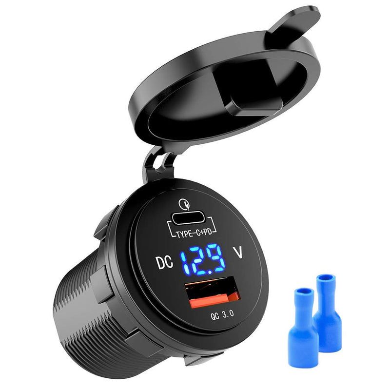 [Australia - AusPower] - 36W Fast USB C Car Charger - MNJ Motor Typec C QC3.0 & PD Charger Socket with LED Voltmeter, Fast Power Delivery Dual Port for Car Boat Marine Motorcycle 