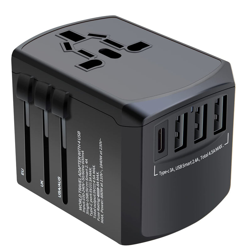[Australia - AusPower] - Travel Adapter, Universal Plug Adapter for Worldwide Travel, International Power Adapter, Plug Converter with 4 USB Ports, All in One 3.0A USB C Wall Charger AC Socket for EU UK AUS Asia Phone Laptop 