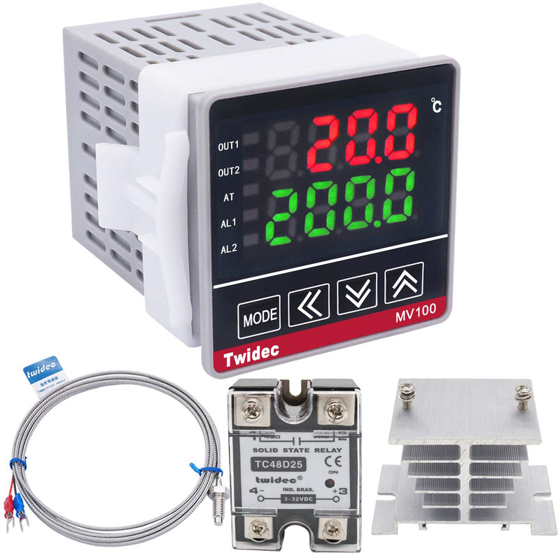 [Australia - AusPower] - Twidec/MV100-B10 Digital Display PID Temperature Controllers Thermostat Regulator AC 85V - 265V MY-104+ K Sensor Thermocouple + Heat Sink and Solid State Relay SSR 25 DA MV100-B10+SSR 25DA 