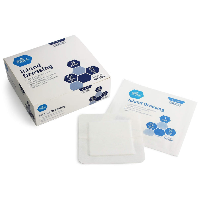 [Australia - AusPower] - Med PRIDE 6 inch x 6 inch Bordered Gauze-Island Dressing| 25 Pack-Individually Packed Pouches| Wound Dressing with Adhesive, Breathable Borders| Sterile & Highly Absorbent| Latex-Free 6'' x 6'' 