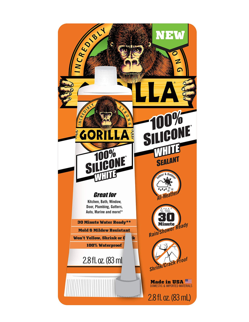 [Australia - AusPower] - Gorilla White 100% Silicone Sealant Caulk, 2.8 Ounce Squeeze Tube, White, (Pack of 1) 1 - Pack 