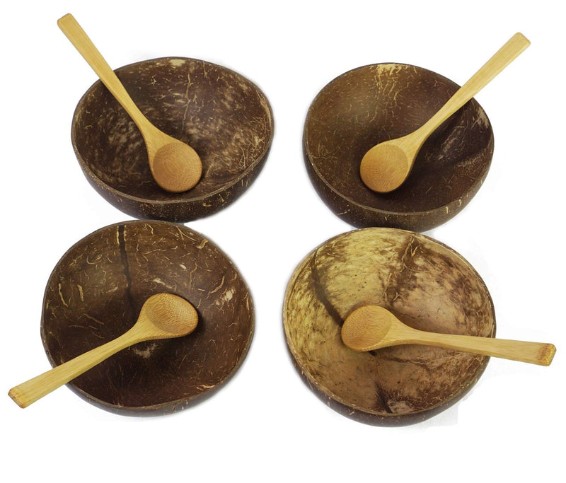 [Australia - AusPower] - Coconut Bowls with Spoons by BeeGreeny (Set of 4) – Polished With Coconut Oil - Handmade, Vegan, Natural, Eco Friendly, Reusable Bowl for Breakfast, Serving, Decoration, Party Set 4 