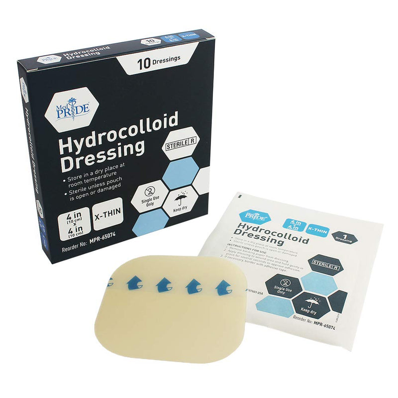 [Australia - AusPower] - Med PRIDE Hydrocolloid Wound Dressing Pads| 10-Pack, 4inch by 4inch Sterile Adhesive Patches| Individually Packed, Highly Absorbent, Water-Resistant & Comfortable| Stays On for Multiple Days 4'' x 4'' X-Thin 