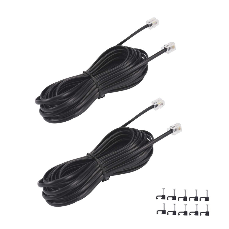 [Australia - AusPower] - 25FT Telephone Extension Cord Cable, Landline Phone Line Wire with RJ11 6P4C Plugs, Includes Cable Clips - Black - 2 Pack 25FT 