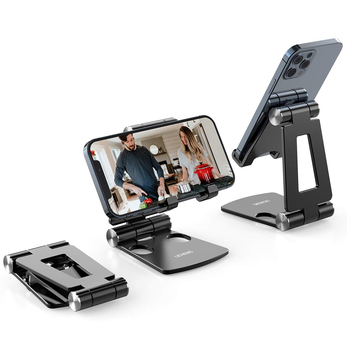 Cell Phone Stand, Angle Height Adjustable Phone Stand for Desk, Foldable  Cell Phone Holder, Cradle, Dock, Tablet Stand, Case Friendly Compatible  with All 4-12.9Inches iPhone,iPad,Tablet, Kindle, Black 