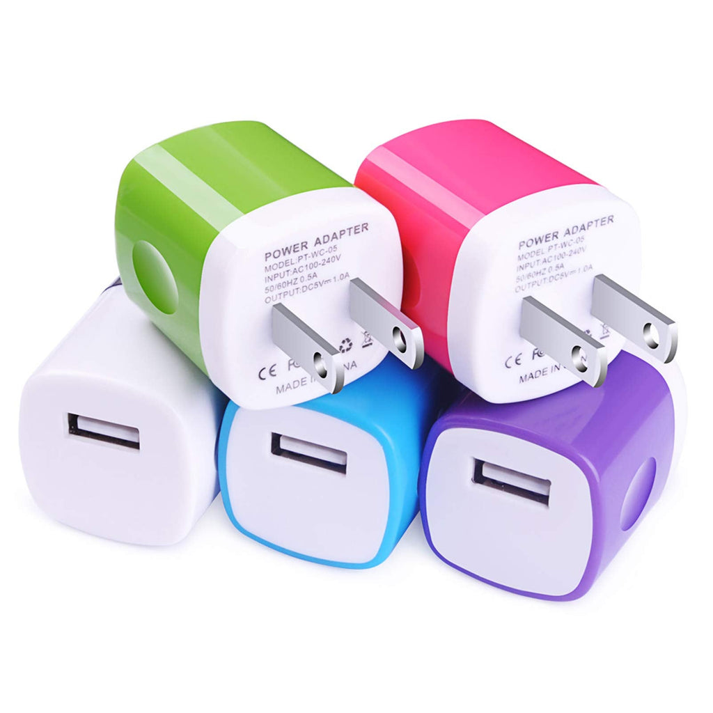 [Australia - AusPower] - USB Charger, Charging Block CIQILY 5-Pack 1A/5V USB Power Home Travel Adapter Wall Charger Cube Brick Box Base Head Compatible for Phone X 8 7 6 Plus 5S, iPad, Samsung, LG, Moto,Tablet, Android Phone White,Blue,Purple,Green,Rosered 