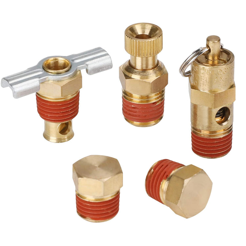 [Australia - AusPower] - Hromee 5 Piece 1/4 Inch Compressor Air Tank Port Fittings Drain Valve Kit with Solid Brass Hex Head Plugs Winged Style and Twist Style Petcock 140 PSI Safety Valve 