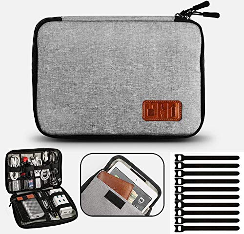 [Australia - AusPower] - Electronic Organizer Waterproof Portable Travel Cable Accessories Bag Soft Case with 10pcs Cable Ties for USB Drive Phone Charger Headset Wire SD Card Power Bank(Grey) Grey 9.8x7 in 
