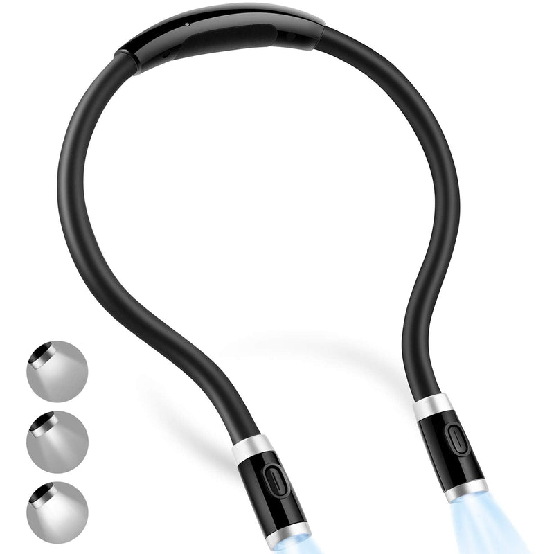 [Australia - AusPower] - Vekkia Rechargeable LED Neck Reading Light, Book Lights for Reading in Bed, 3 Brightness Levels, Flexible Soft Silicone Arms Comfortable Wear, Long Lasting. Perfect for Readers, Craft & Knitting,Black Modern Black 