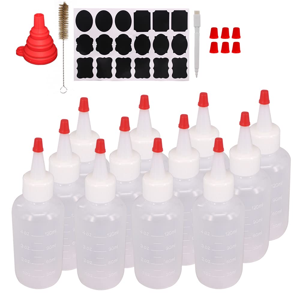 [Australia - AusPower] - Belinlen 12 Pack 4-Ounce Empty Plastic Squeeze Bottles with Red Tip Caps Multipurpose Squirt Bottle 4oz 12pack 
