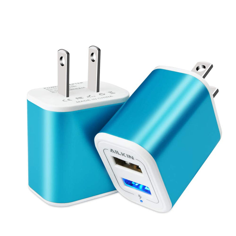 [Australia - AusPower] - USB Plug in Wall Charger, Charging Block, 2Pack AILKIN 2.1A Fast Charge Dual Port Power Adapter Cube Box Brick Base Compatible with Phone, Pad, LG, Honor, Samsung, Kindle Fire, Blue, All USB - Blue 