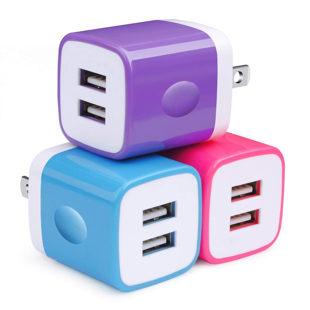 [Australia - AusPower] - USB Wall Charger, Charger Adapter Charger Block, Double Wall Charger Plug 3-Pack 2.1Amp Dual Port Cube USB Power Adapter Compatible with iPhone 8/7/6 Plus/X, iPad, Samsung Galaxy S5 S6 S7 Edge, Kindle 3-Pack (Rose, Purple, Blue) 