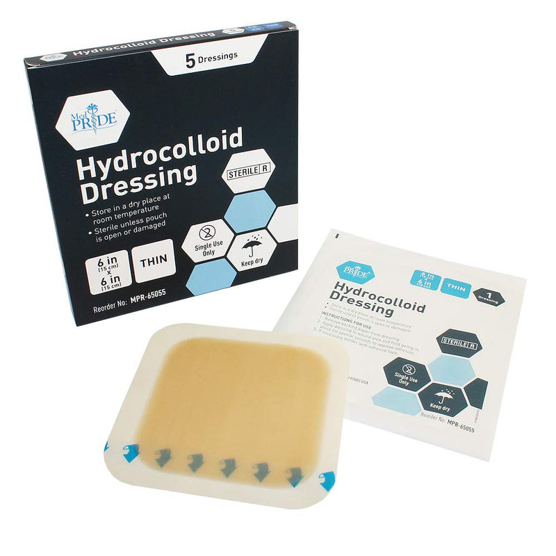 [Australia - AusPower] - Med PRIDE Hydrocolloid Wound Dressing Pads| 5-Pack, 6inch by 6inch Sterile Adhesive Patches| Individually Packed, Highly Absorbent, Water-Resistant & Comfortable| Stays On for Multiple Days 6'' x 6'' Thin 