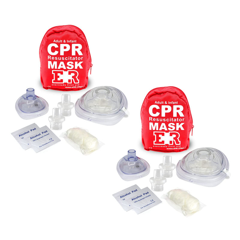 [Australia - AusPower] - Ever Ready First Aid Adult and Infant CPR Mask Combo Kit with 2 Valves with Pair of Nitrile Gloves & 2 Alcohol Prep Pads - Red - 2 Pack 