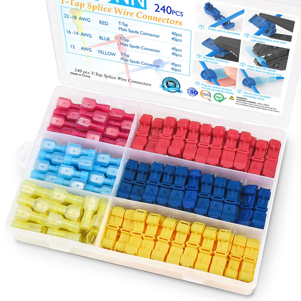 [Australia - AusPower] - TICONN 240PCS T-Tap Wire Connectors, Self-Stripping Quick Splice Electrical Wire Terminals, Insulated Male Quick Disconnect Spade Terminals Assortment Kit with Storage Case (240) 240 