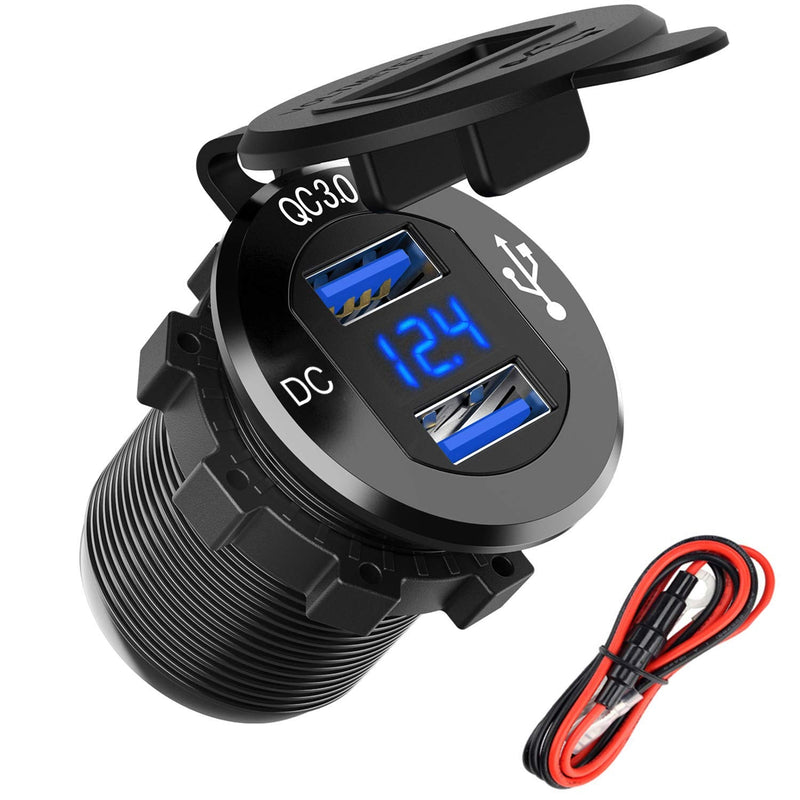 [Australia - AusPower] - Quick Charge 3.0 Dual USB Charger Socket, SunnyTrip Waterproof Aluminum Power Outlet Fast Charge with LED Voltmeter & Wire Fuse DIY Kit for 12V/24V Car Boat Marine Motorcycle Truck Golf Cart and More Dual QC3.0 