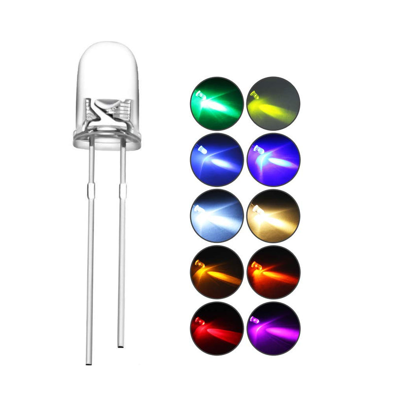 [Australia - AusPower] - DiCUNO 100pcs (10 Colors x 10pcs) 5mm Bi-pin Light Emitting Diode Round Clear LED Assorted Kit 10 Light Colors White/Red/Yellow/Green/Blue/Pink/Orange/Warm White/UV/Chartreuse A) 10 Colors, 100pcs 