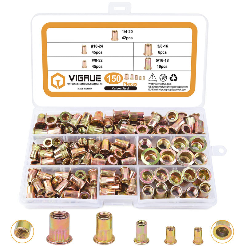 [Australia - AusPower] - VIGRUE 150pcs #8-32#10-24 1/4"-20 5/16"-18 3/8"-16 Carbon Steel UNC Rivet Nuts Assortment Kit, Yellow Zinc Plated Finish, Flat Head Threaded Insert Nut Assort 
