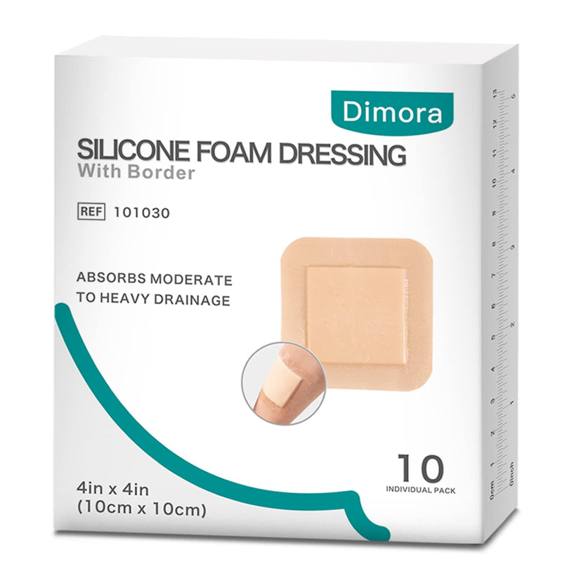 [Australia - AusPower] - Dimora Silicone Foam Dressing with Border Adhesive 4"x4" Waterproof Wound Dressing Bandage for Wound Care 10 Pack 4x4 Inch (Pack of 10) 