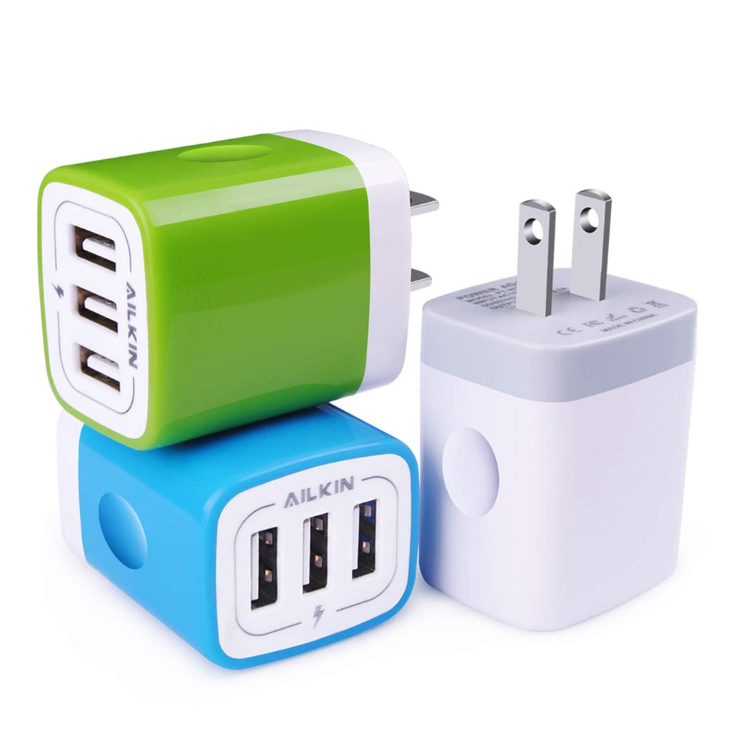 [Australia - AusPower] - USB Plug in Wall Charger, Charging Block, 3Pack Ailkin 3.1A Fast Charge 3- Port Power Adapter Cube Box Brick Base Compatible with Phone, Pad, LG, Honor, Samsung, Kindle Fire, Blue, All USB Multicolor-2 