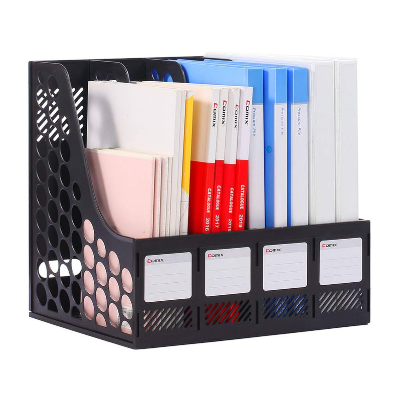 [Australia - AusPower] - Comix Magazine File Holder, Sturdy Plastic Desk Organizers and Storage File Folder for Office Organization, Binder Organizer with 4 Compartments Storage Organiser Box, Black Large-4 Black 