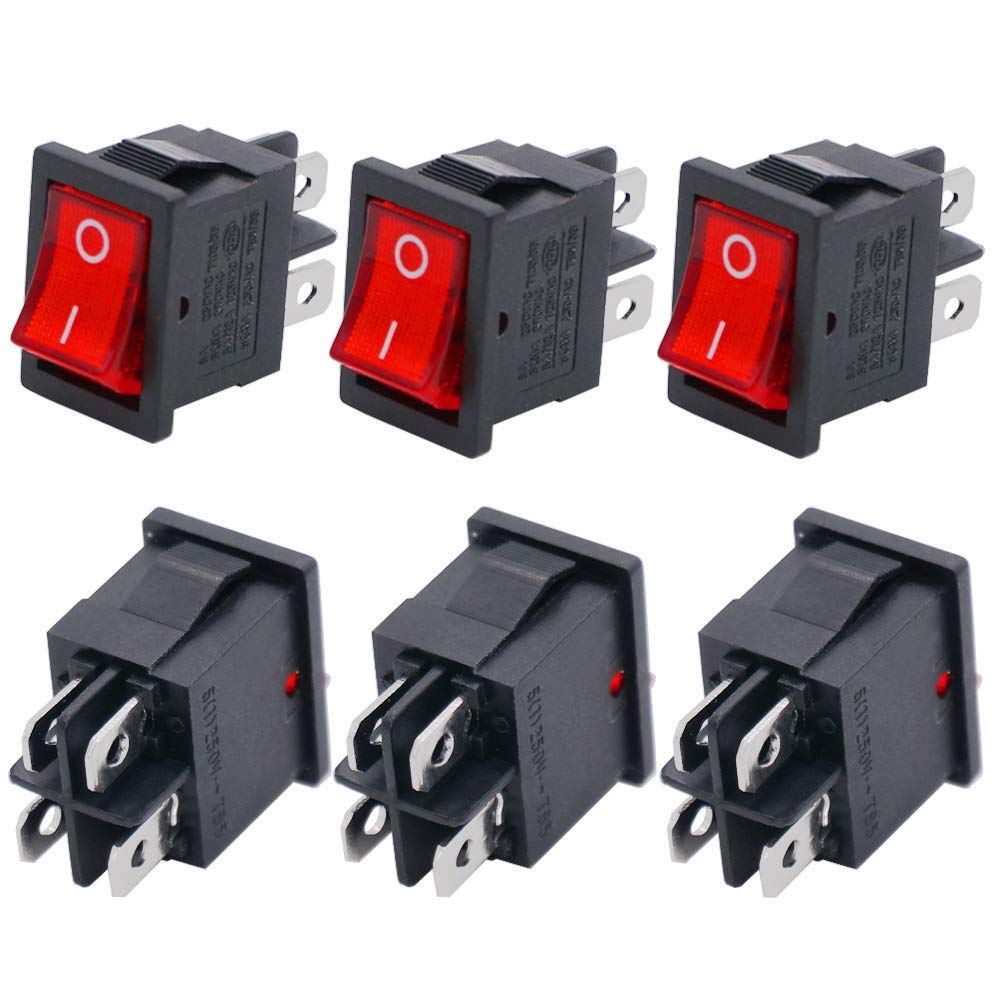 [Australia - AusPower] - Twidec/6Pcs Rocker Switch AC 6A/125V 10A/250V DPST 4 Pins 2 Position ON/Off Red LED Light Illuminated Boat Rocker Switch Toggle（Quality Assurance for 1 Years）KCD1-4-201N-R 