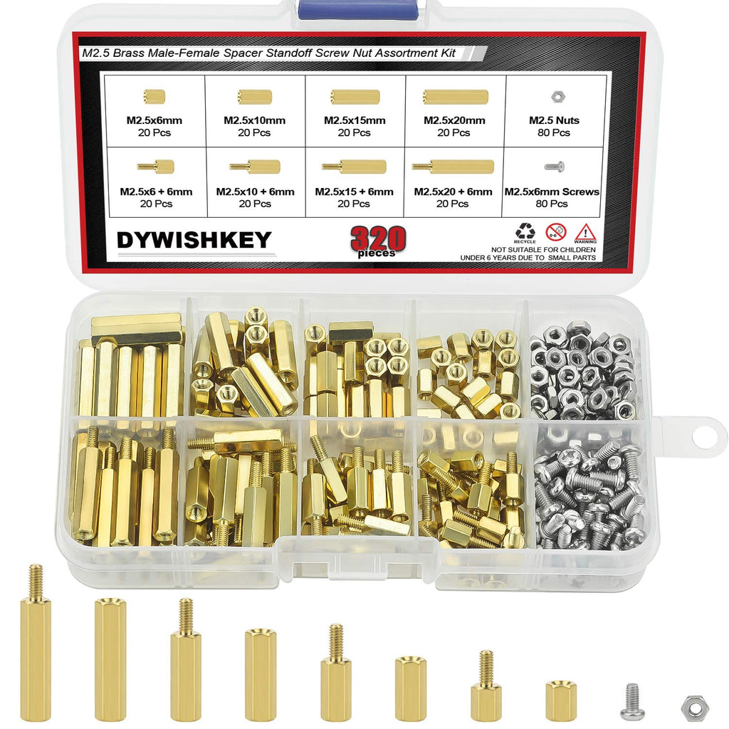 [Australia - AusPower] - DYWISHKEY 320 Pieces Male Female Hex Brass Spacer Standoff Screw Nut Assortment Kit (M2.5) M2.5 