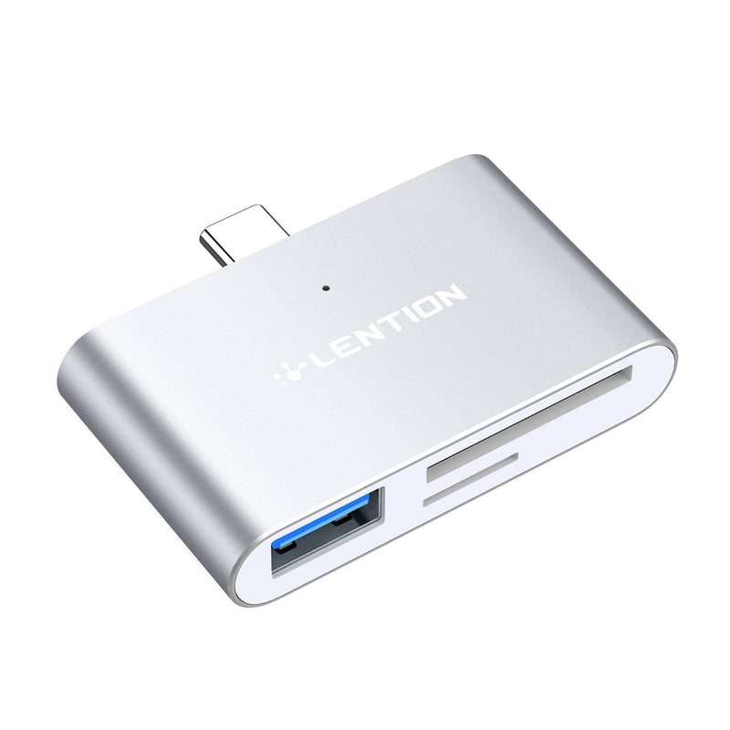 [Australia - AusPower] - LENTION USB C to SD / Micro SD Card Reader with USB 3.0 Adapter Compatible 2022-2016 MacBook Pro, New iPad Pro/Mac Air, Surface, Phone/Tablet, More, Stable Driver Certified (CB-CS15, Silver) 