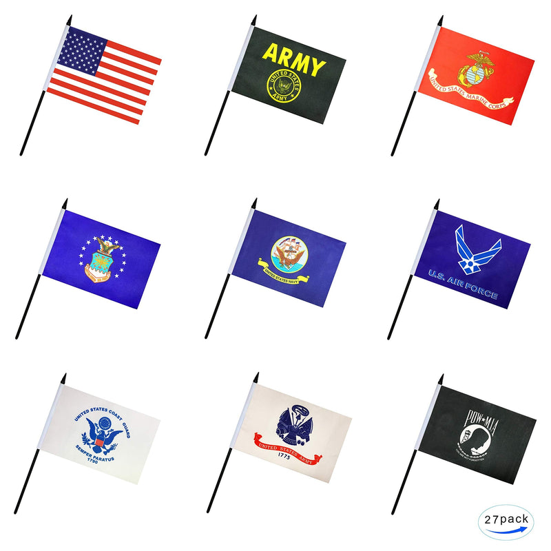 [Australia - AusPower] - 27 Pack Military Army Armed Forces Stick Flag Set Small Mini US Army Gold Crest Marine Corps Navy Air Force Coast Guard POW MIA Flags Party Decorations 