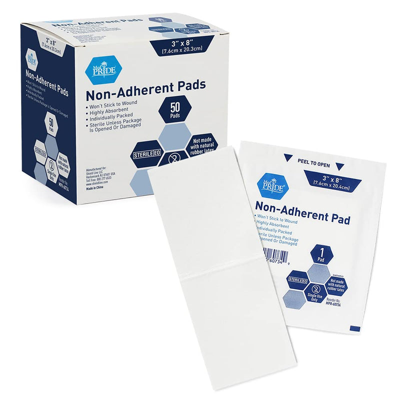 [Australia - AusPower] - Medpride Sterile Non-Adherent Pads| 50-Pack, 3” x 8”| Non-Adhesive Wound Dressing| Highly Absorbent & Non-Stick, Painless Removal-Switch| Individually Wrapped for Extra Protection 3x8 Inch (Pack of 50) 