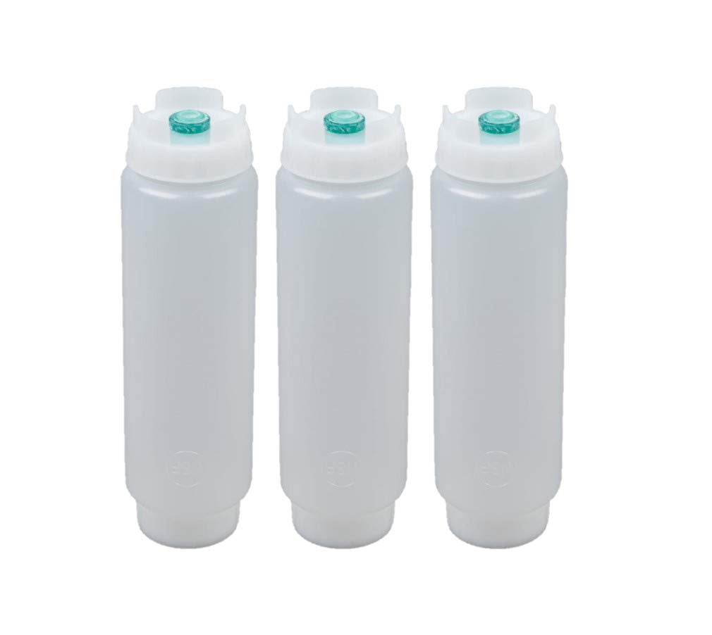 [Australia - AusPower] - FIFO Squeeze Bottle Refillable 16 oz | Green Tip Small Valve Dispenser for Thin Condiments, Sauces, Batter and Dressing | Self Sealing No Drip No Hassle | (3 Pack) 