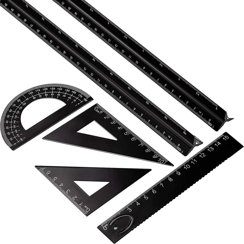 [Australia - AusPower] - 6 Pieces Aluminum Triangular Architect Scale Ruler Set, 2 Pieces 12 Inch Aluminum Scale Ruler with 4 Pieces Aluminum Triangle Ruler Square Set for Students, Draftsman and Engineers, Metric (Black) Black 