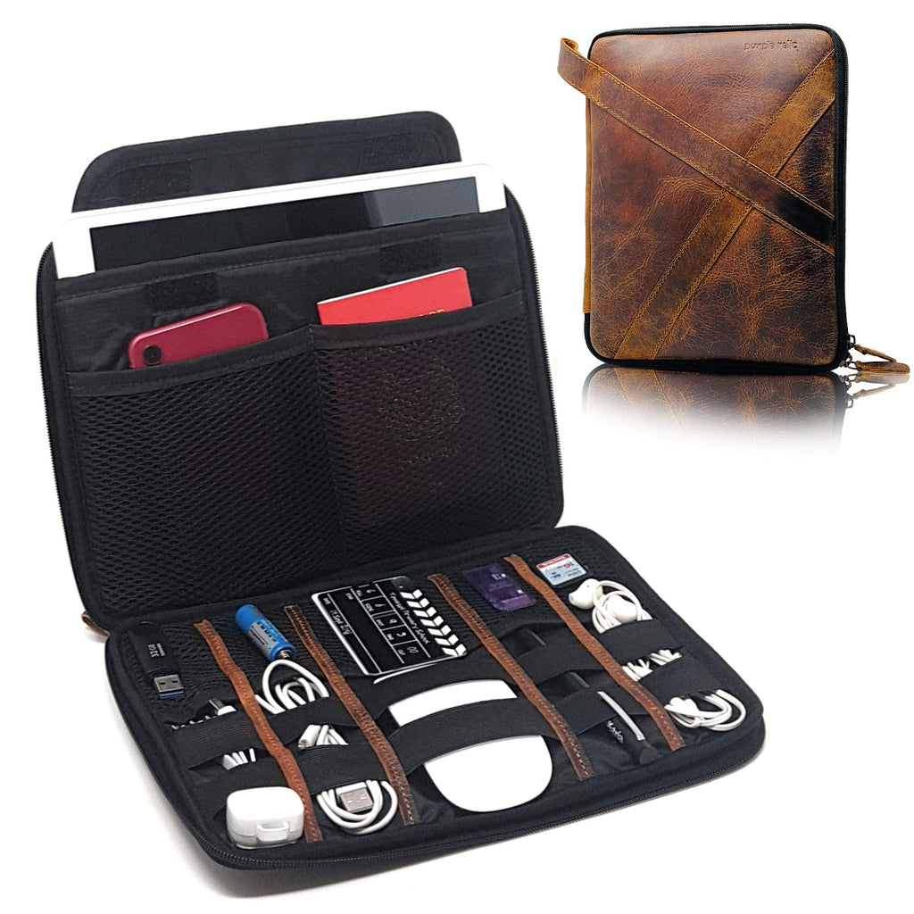 [Australia - AusPower] - Genuine Leather Tablet Case - Electronics and Cable Organizer for Desk and Travel - Holds 9.7-inch Tablet, Passport, Cords and Tech Accessories 