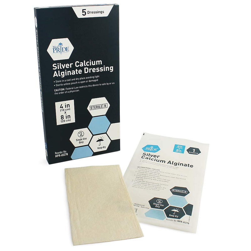 [Australia - AusPower] - Medpride Silver Calcium Alginate Wound Dressing Pads| 4” x 8” Patches, 5-Pack| Antimicrobial, Non-Stick Padding, Sterile, Highly Absorbent & Comfortable| 4'' x 8'' 