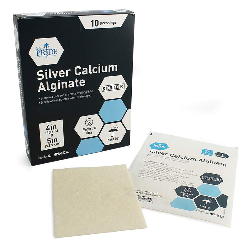 [Australia - AusPower] - Medpride Silver Calcium Alginate Wound Dressing Pads| 4” x 5” Patches, 10-Pack| Antimicrobial, Non-Stick Padding, Sterile, Highly Absorbent & Comfortable| 4'' x 5'' 