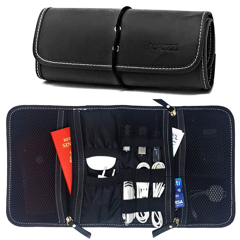 [Australia - AusPower] - Leather Desk Organizer for Cables, Small Electronics, Mesh Zippered Pockets for USB Drive, Phone, Battery, SD Card, SIM Card, Passport Holder Black 