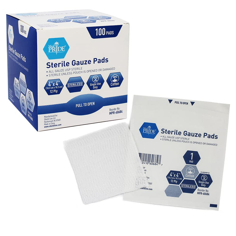[Australia - AusPower] - Medpride 4’’ x 4’’ Sterile Gauze Pads for Wound Dressing| 100-Pack, Individually Packed Pouches| 12-Ply Cotton & Highly Absorbent| Gauze Sponge-Pads for Wound Care & Home First Aid Kits 4x4 Inch (Pack of 100) 