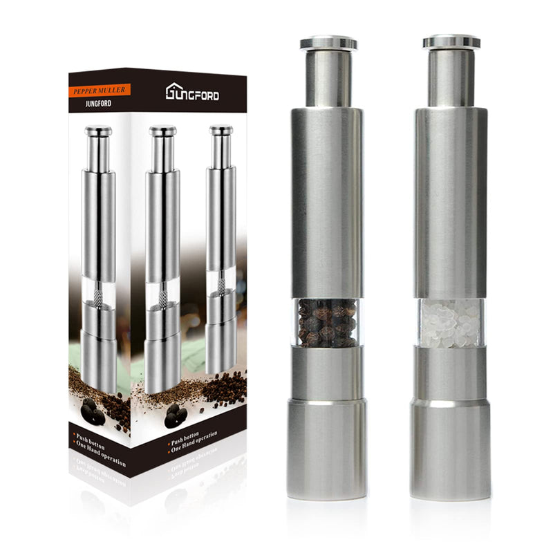 [Australia - AusPower] - [Set of 2] Premium Stainless Steel Salt Grinder & Pepper Mill Set for Peppercorns Sea Salt Himalayan Salt and Spices, Thumb Push Button for 1 Hand Operation 