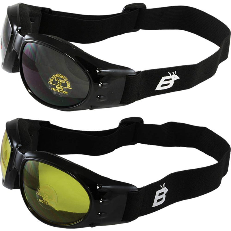 [Australia - AusPower] - Two Pairs of Birdz Bald Eagles Glossy Black Frame Motorcycle Goggles Smoke Lenses and Yellow Tint Lenses 