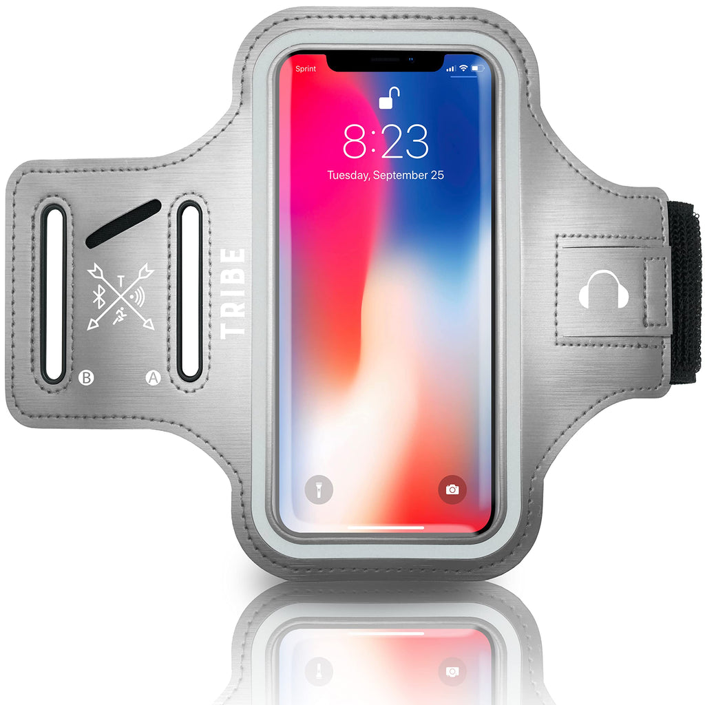 [Australia - AusPower] - TRIBE Water Resistant Cell Phone Armband Case Running Holder for iPhone Pro Max Plus Mini SE (13/12/11/X/XS/XR/8/7/6/5) Galaxy S Ultra Plus Edge Note (21/20/10/9/8/7/6/5) Adjustable Strap & Key Pocket Grey L: iPhone+/Pro Max/XR/XS Max/Galaxy+/Ultra/Note 